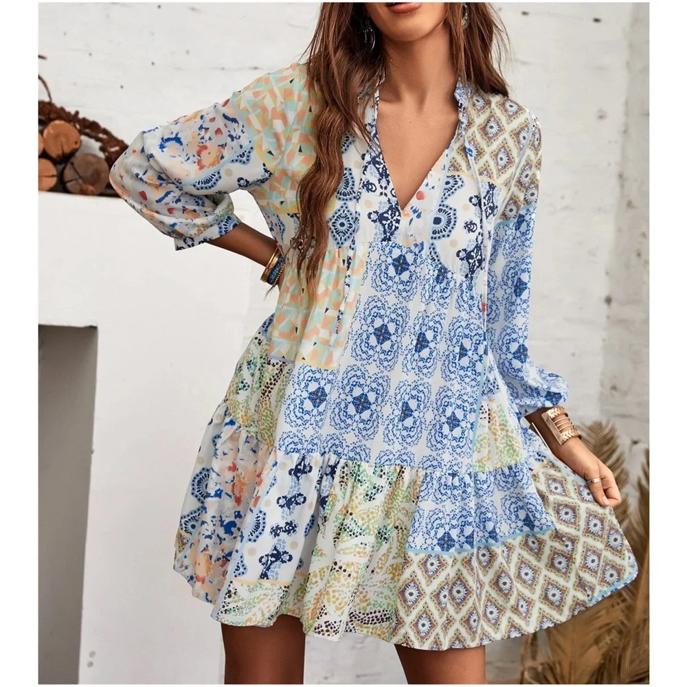 Boho Floral Print Ruffle Mini Dress - Picture 4 of 5